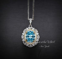 Large Aquamarine Necklace - March Birthstone - 18KGP @ Sterling Silver - Gemstone Royal Flower Style - 2.8 CT Blue Aquamarine Jewelry #722