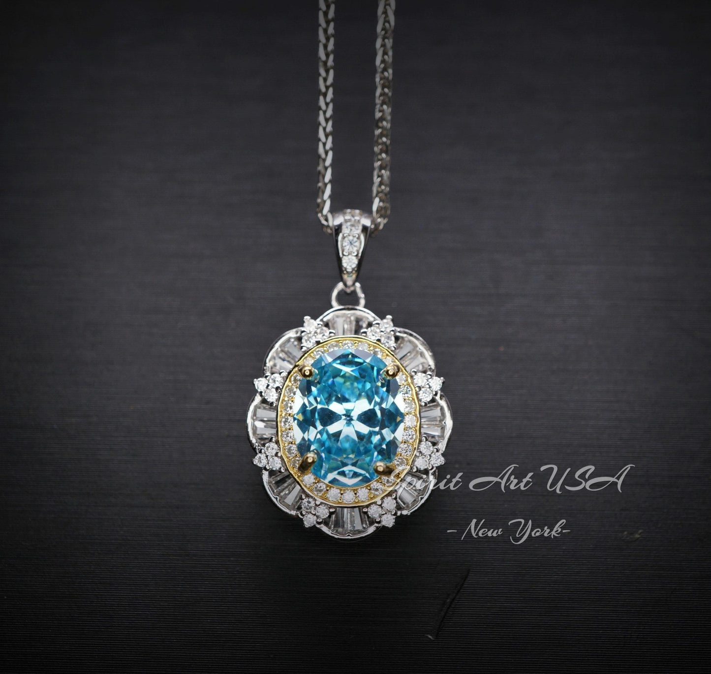 Large Aquamarine Necklace - March Birthstone - 18KGP @ Sterling Silver - Gemstone Royal Flower Style - 2.8 CT Blue Aquamarine Jewelry #722