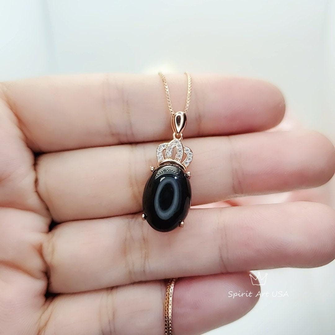 Black Onyx Necklace, Gemstone Crown Rose Gold coated 925 Sterling Silver Black Onyx Pendant Root Chakra Healing #430