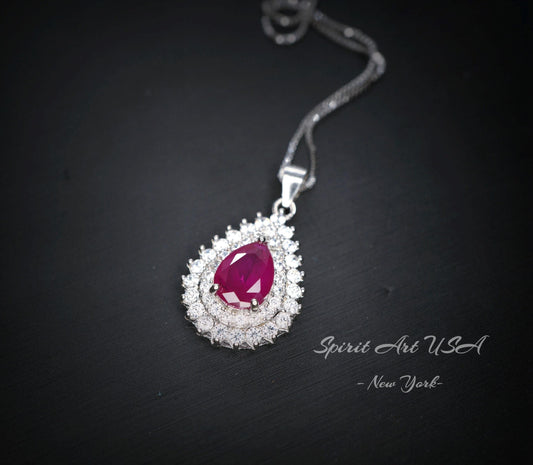 Ruby Necklace double Gemstone Teardrop Halo Red Gemstone Pendant 18KGP Sterling Silver Pear gemstone Jewelry #361