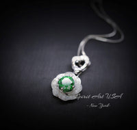 Green Diopside Emerald Necklace Rose Flower Style - 18kgp Sterling Silver - Dainty Round Cut Gemstone Halo Diopside Pendant #398