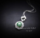 Green Diopside Emerald Necklace Rose Flower Style - 18kgp Sterling Silver - Dainty Round Cut Gemstone Halo Diopside Pendant #398