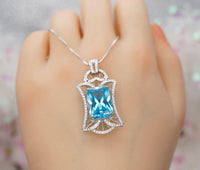 9 CT Blue Topaz Necklace - Gemstone Royal Flower Pendant - 18KGP @ Sterling Silver Radiant Rectangle Swiss Blue Topaz Jewelry #836