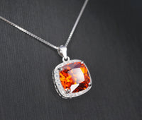 Sterling Silver Sunstone Necklace Red Orange Tangerine Spessartite Garnet Jewelry Square Cushion Cut Orange Sapphire Pendant #375