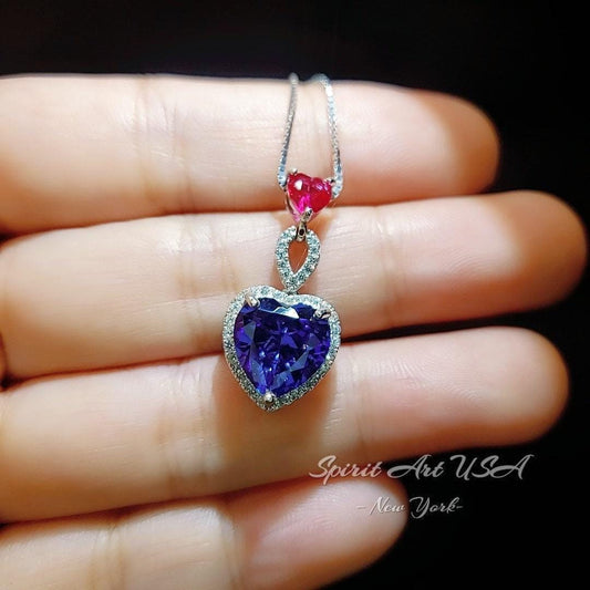 Double Heart Tanzanite Necklace -Gemstone Heart Connect Heart Pendant - 18KGP Sterling Silver - December Birthstone #740