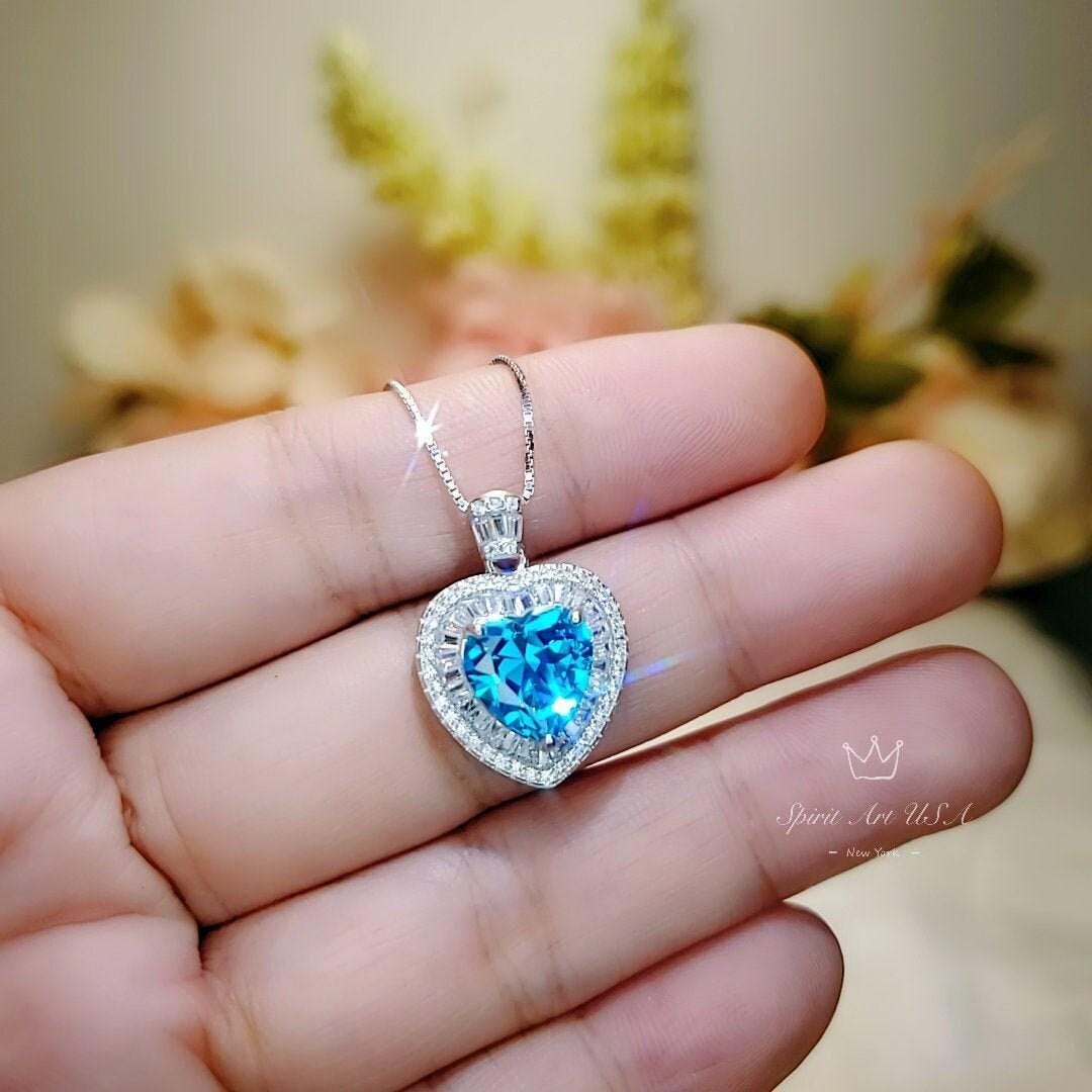 Blue Topaz Heart Necklace White Gold Coated Sterling Silver Gemstone Heart Pendant Blue Topaz Jewelry #950
