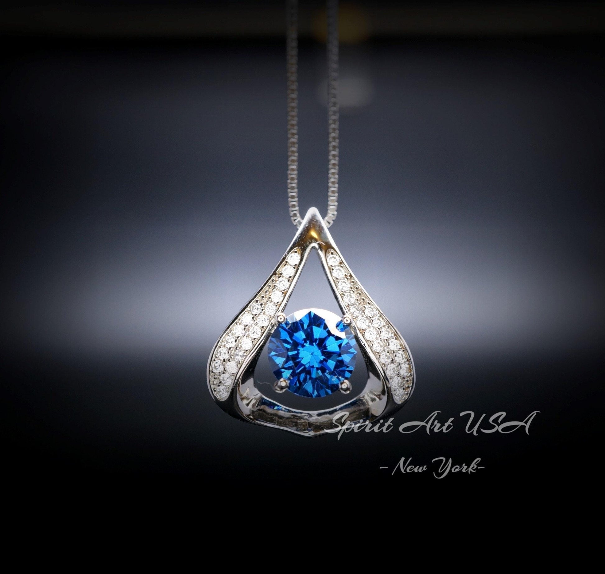 Protective Heart Blue Sapphire Necklace - Gemstone Fat Triangle Sapphire Pendant - 18KGP & Sterling Silver 2 Ct Round Cut Blue Sapphire #584