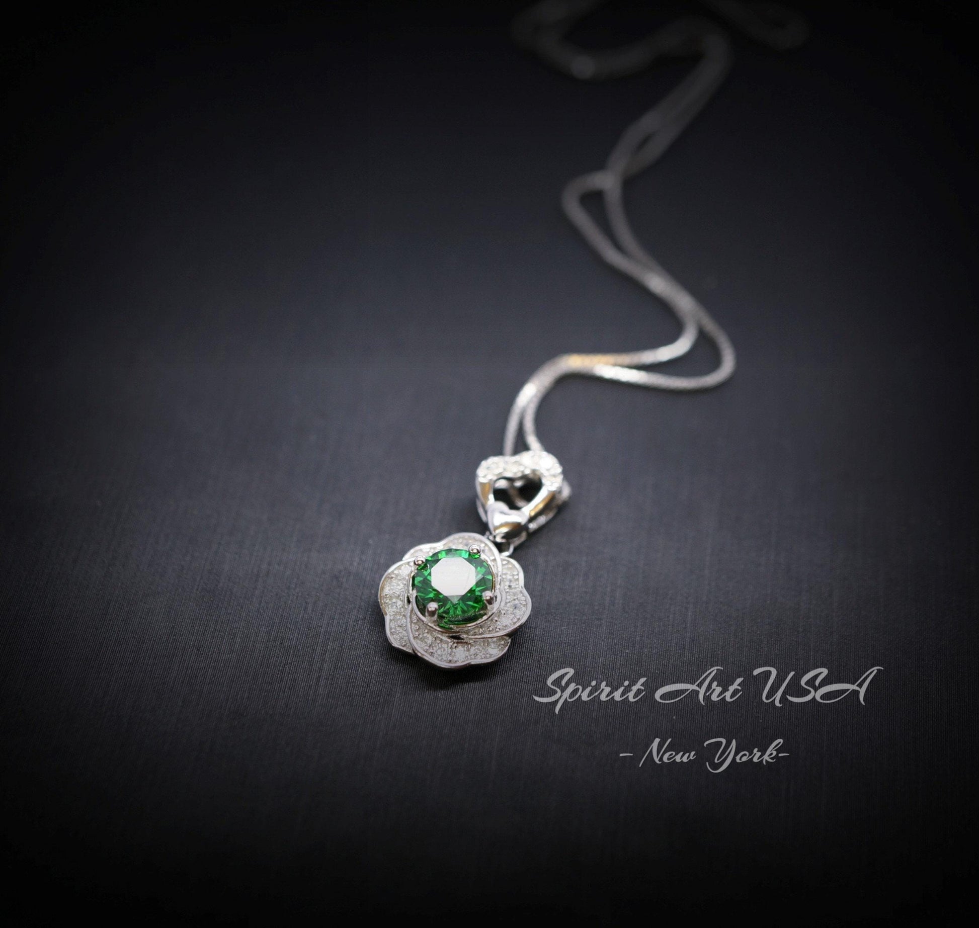 Green Diopside Emerald Necklace Rose Flower Style - 18kgp Sterling Silver - Dainty Round Cut Gemstone Halo Diopside Pendant #398
