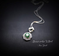 Green Diopside Emerald Necklace Rose Flower Style - 18kgp Sterling Silver - Dainty Round Cut Gemstone Halo Diopside Pendant #398