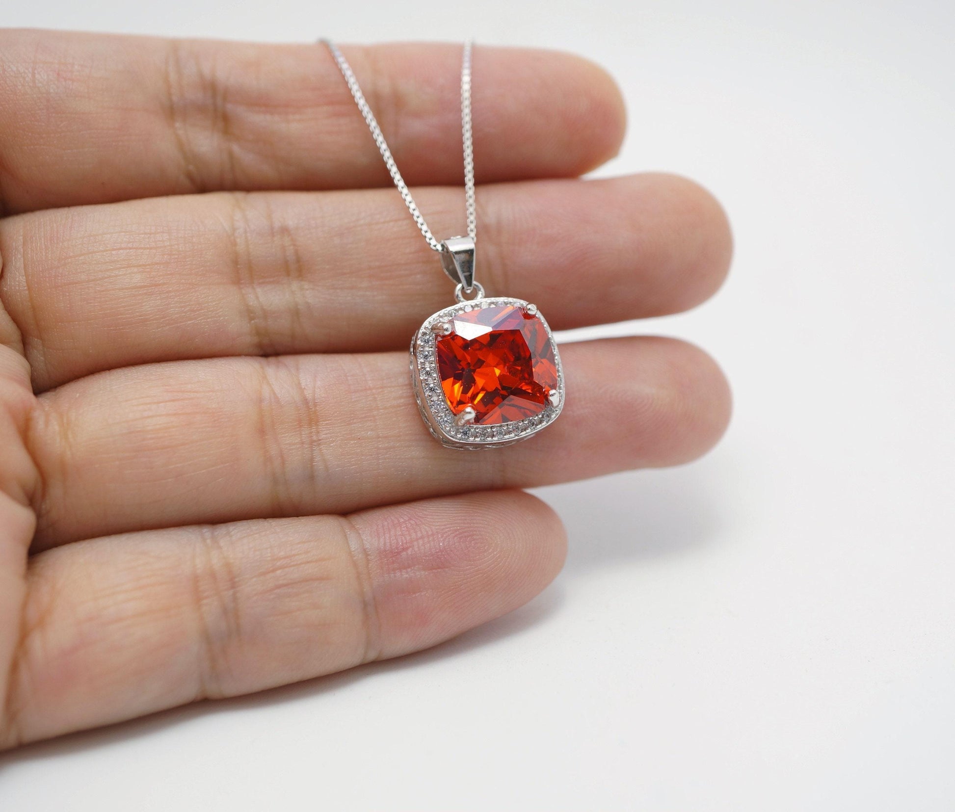Sterling Silver Sunstone Necklace Red Orange Tangerine Spessartite Garnet Jewelry Square Cushion Cut Orange Sapphire Pendant #375
