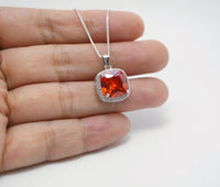 Sterling Silver Sunstone Necklace Red Orange Tangerine Spessartite Garnet Jewelry Square Cushion Cut Orange Sapphire Pendant #375