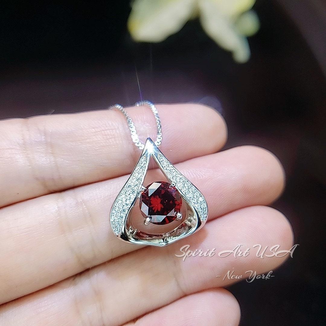 Gemstone Fat Triangle Garnet Necklace - 18KGP & Sterling Silver - 2 Ct Round Cut Deep Red Garnet Jewelry #582