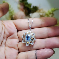Blue Topaz Necklace, Gemstone Water Lily Flower Pendant, White Gold plated Sterling Silver 1 CT The goddess Athena Necklace #658