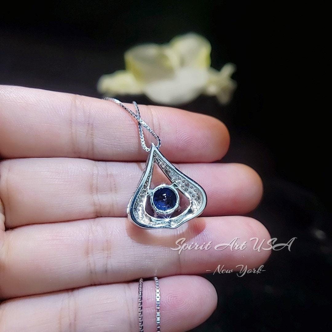 Protective Heart Blue Sapphire Necklace - Gemstone Fat Triangle Sapphire Pendant - 18KGP & Sterling Silver 2 Ct Round Cut Blue Sapphire #584