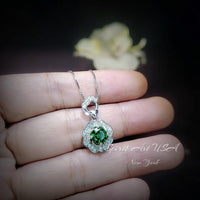 Green Diopside Emerald Necklace Rose Flower Style - 18kgp Sterling Silver - Dainty Round Cut Gemstone Halo Diopside Pendant #398