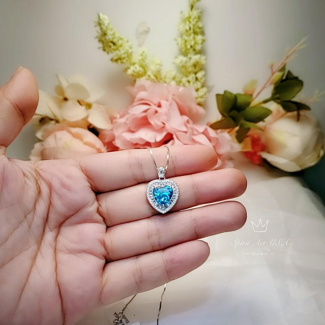 Blue Topaz Heart Necklace White Gold Coated Sterling Silver Gemstone Heart Pendant Blue Topaz Jewelry #950