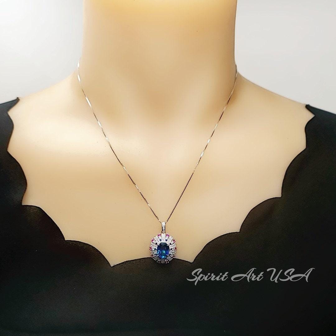 Blue Sapphire Necklace Source Light Style 18KGP @ Sterling Silver - 3 CT Blue Sapphire Pendant - Radiant Blue Sapphire Jewelry #898
