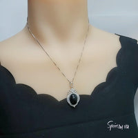 Large Black Onyx Sterling Silver Necklace 14 ct Oval Black Gemstone Gemstone Pendant 18k White Gold Plated Royal Crown #863