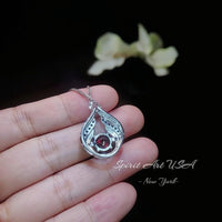 Spessartite Garnet Necklace - Hold My Heart Pendant - 18kgp @ Sterling Silver - 2 CT Round Cut Red Orange Garnet Pendant #590