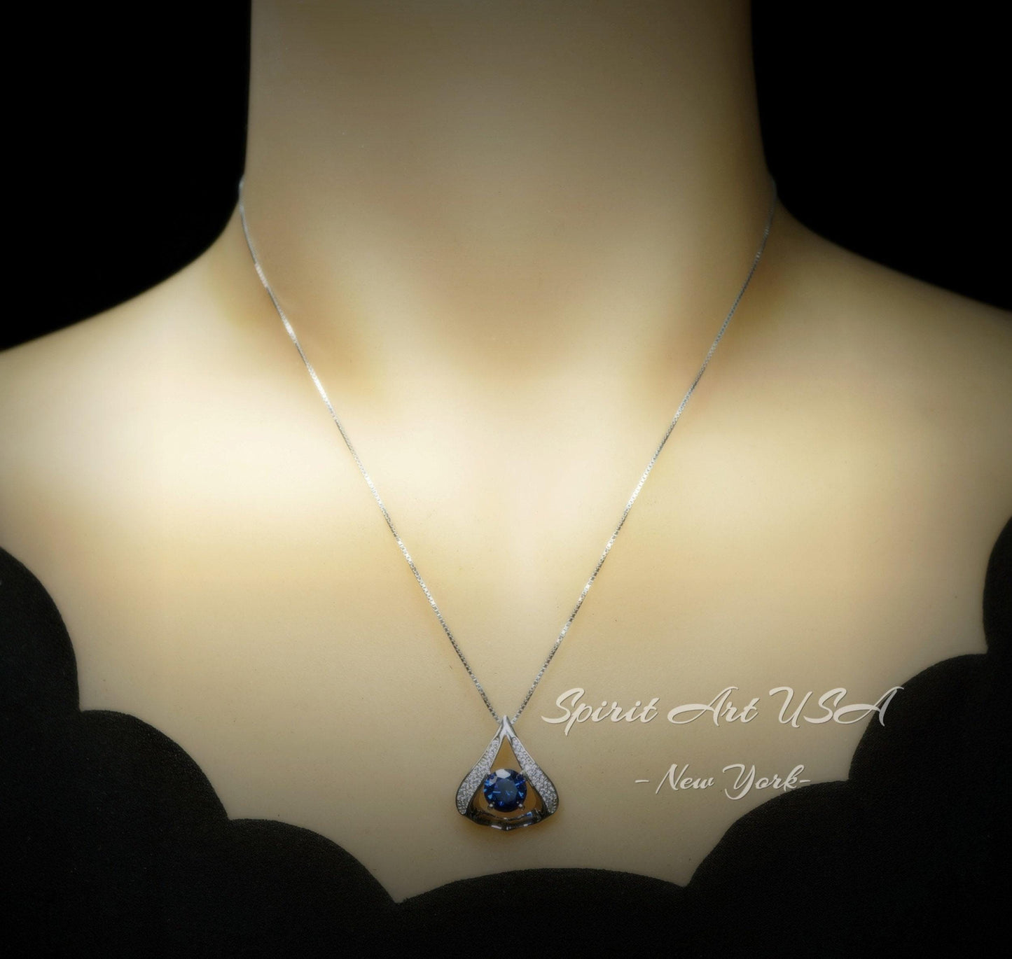 Protective Heart Blue Sapphire Necklace - Gemstone Fat Triangle Sapphire Pendant - 18KGP & Sterling Silver 2 Ct Round Cut Blue Sapphire #584