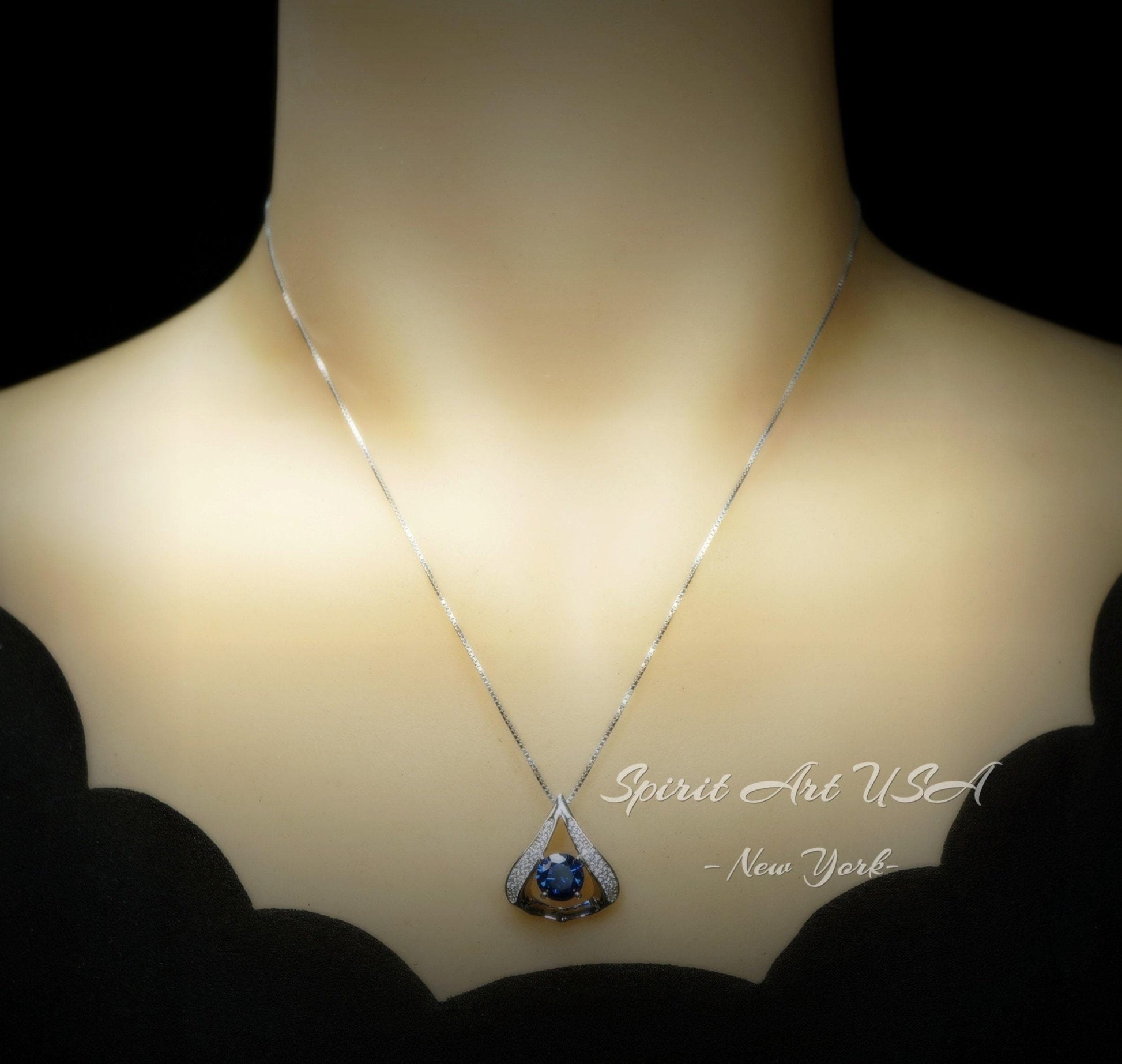 Protective Heart Blue Sapphire Necklace - Gemstone Fat Triangle Sapphire Pendant - 18KGP & Sterling Silver 2 Ct Round Cut Blue Sapphire #584