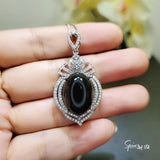 Large Black Onyx Sterling Silver Necklace 14 ct Oval Black Gemstone Gemstone Pendant 18k White Gold Plated Royal Crown #863