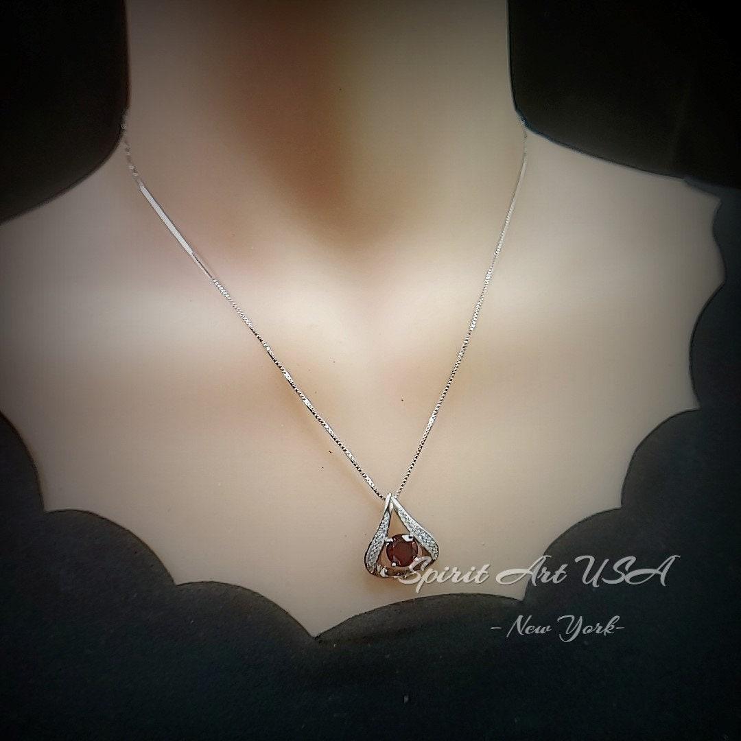 Gemstone Fat Triangle Garnet Necklace - 18KGP & Sterling Silver - 2 Ct Round Cut Deep Red Garnet Jewelry #582