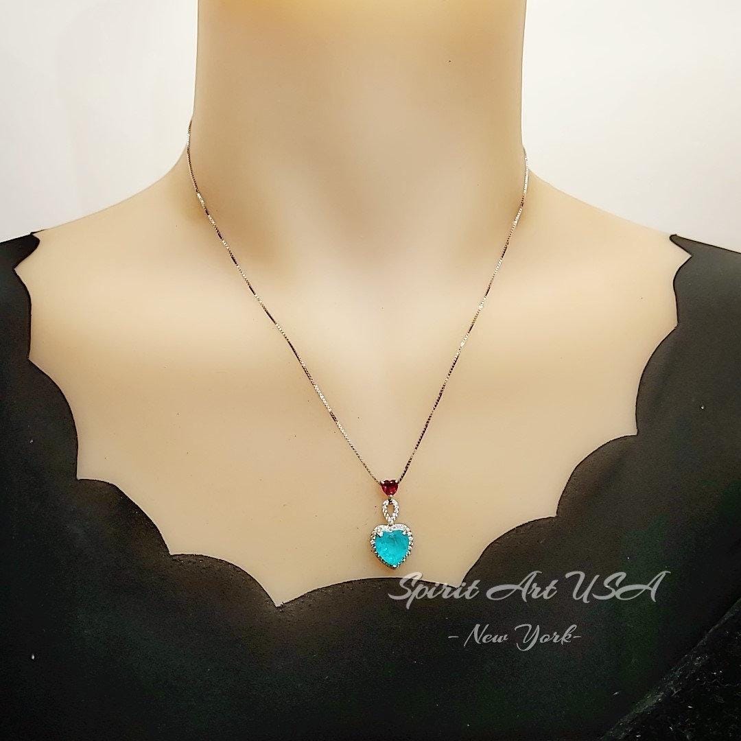 Double Heart Paraiba Necklace - 18KGP @ Sterling Silver - 5 Ct Heart with Heart Pendant - Lab Created Blue Paraiba Tourmaline Jewelry #739