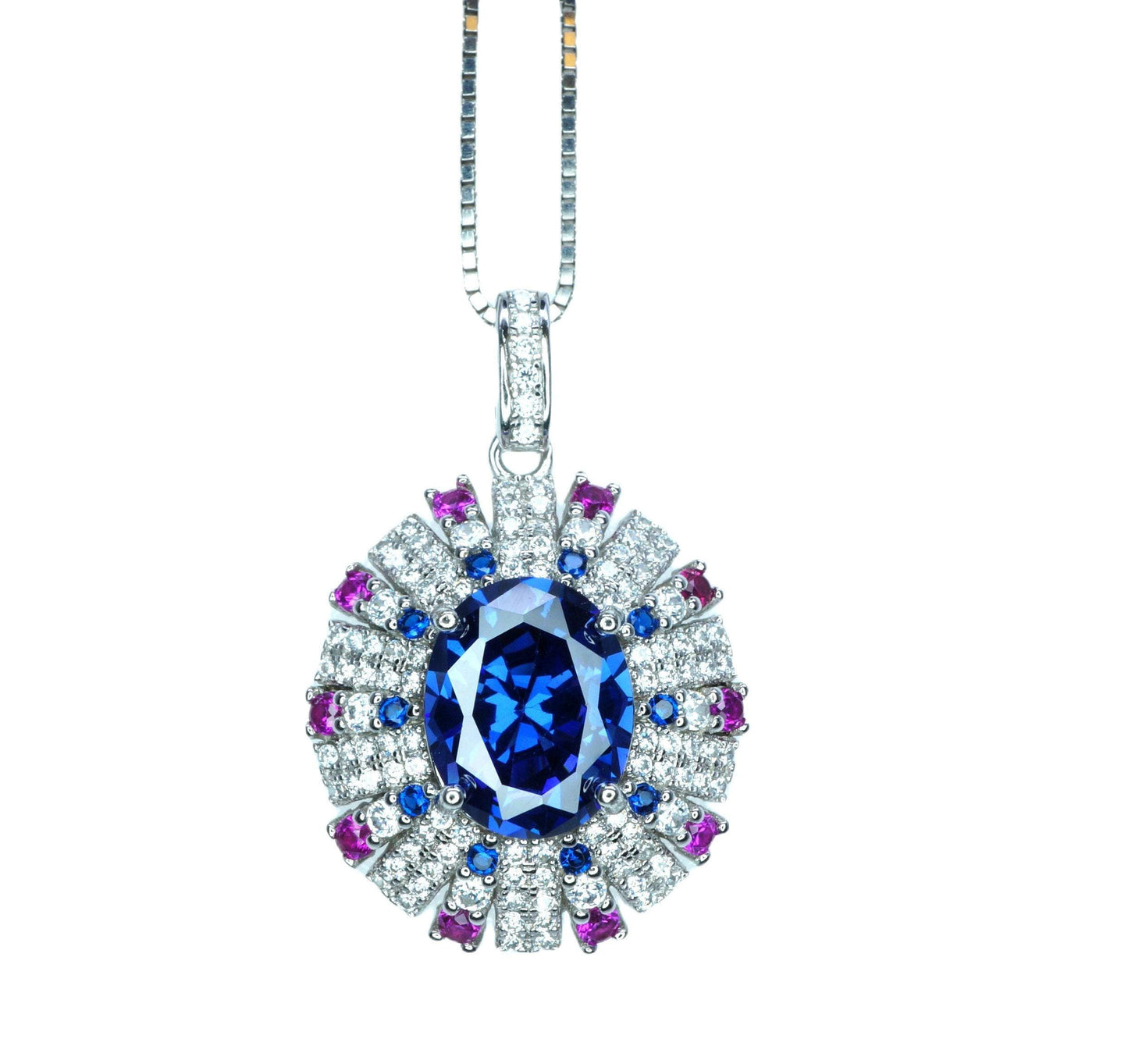Blue Sapphire Necklace Source Light Style 18KGP @ Sterling Silver - 3 CT Blue Sapphire Pendant - Radiant Blue Sapphire Jewelry #898
