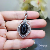 Large Black Onyx Sterling Silver Necklace 14 ct Oval Black Gemstone Gemstone Pendant 18k White Gold Plated Royal Crown #863