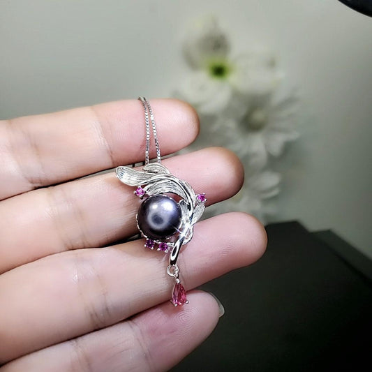 Genuine Black Pearl Necklace - 18kGP @ Sterling Silver Feather Necklace - Leaf Pendant Natural Black Pearl Jewelry 1084