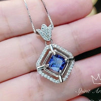 Gemstone Flower Square Tanzanite Necklace White Gold Coated 925 Sterling Silver Tiny Lab Created Tanzanite Pendant - Overlap Square #339