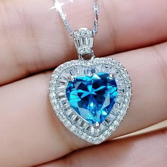Blue Topaz Heart Necklace White Gold Coated Sterling Silver Gemstone Heart Pendant Blue Topaz Jewelry #950