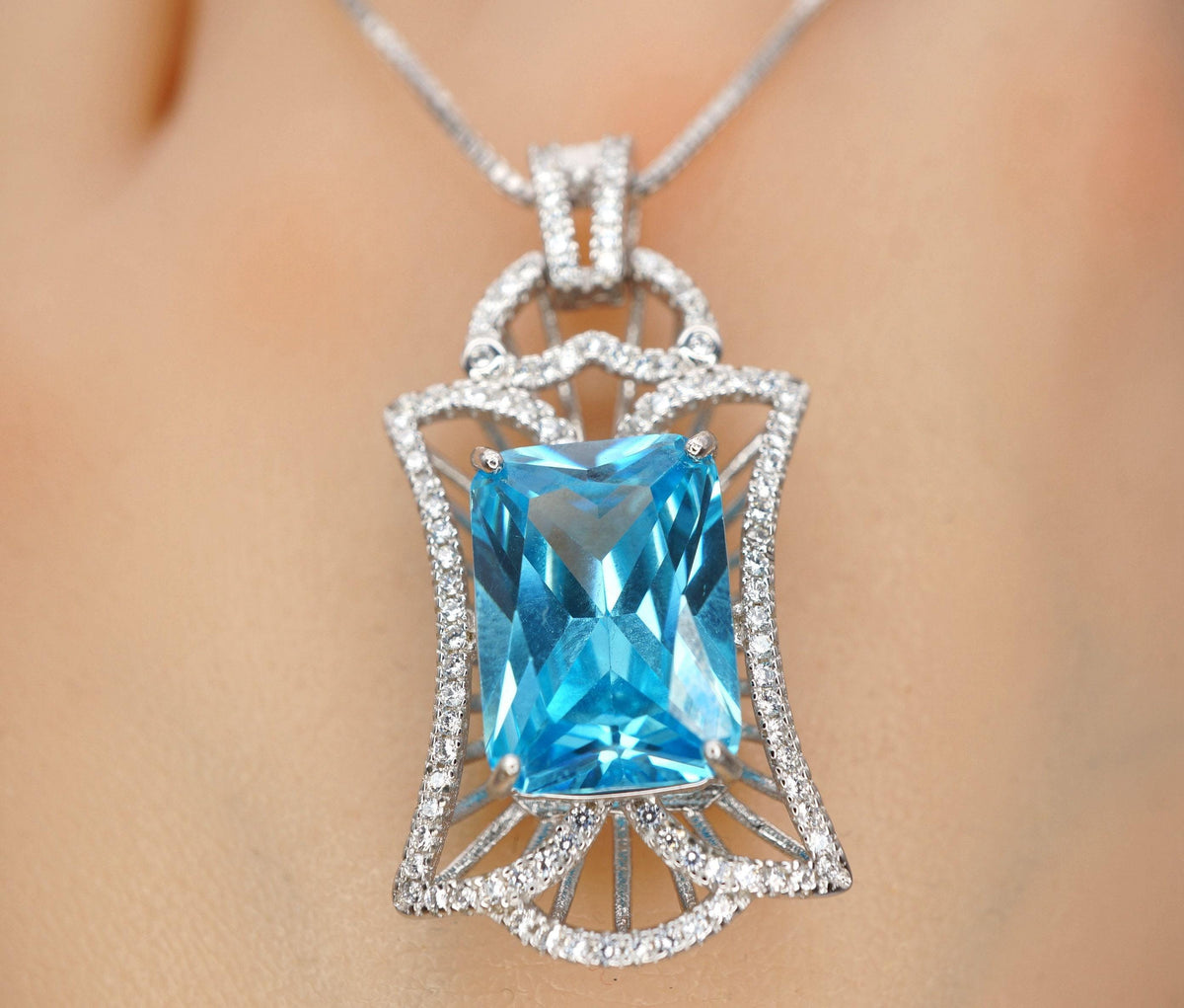 9 CT Blue Topaz Necklace - Gemstone Royal Flower Pendant - 18KGP @ Sterling Silver Radiant Rectangle Swiss Blue Topaz Jewelry #836