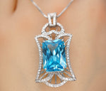 9 CT Blue Topaz Necklace - Gemstone Royal Flower Pendant - 18KGP @ Sterling Silver Radiant Rectangle Swiss Blue Topaz Jewelry #836