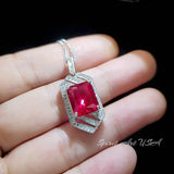 Large Geometric Ruby Necklace - Full Sterling Silver Gemstone Spacecraft Style - 4.5 Ct Rectangle Cut Ruby Jewelry #757