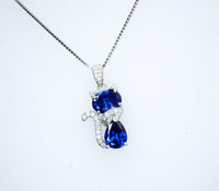 Blue Tanzanite Necklace, Kitty Cat Lover - Deep blue Tanzanite Pendant - Gemstone White Gold Plated Sterling Silver Pets Lover Jewelry #220