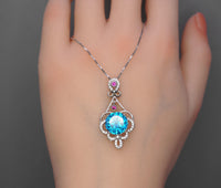 10mm Swiss Blue Topaz Necklace - Sterling Silver Flower 3.5 CT Blue Topaz Pendant - White Gold Plated Gemstone Halo Blue Topaz Pendant #504