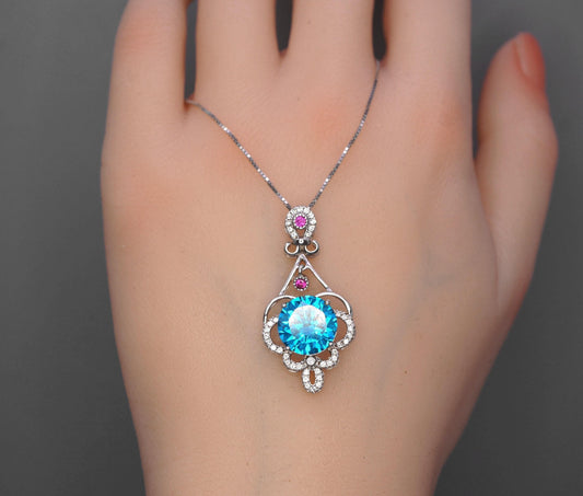 10mm Swiss Blue Topaz Necklace - Sterling Silver Flower 3.5 CT Blue Topaz Pendant - White Gold Plated Gemstone Halo Blue Topaz Pendant #504