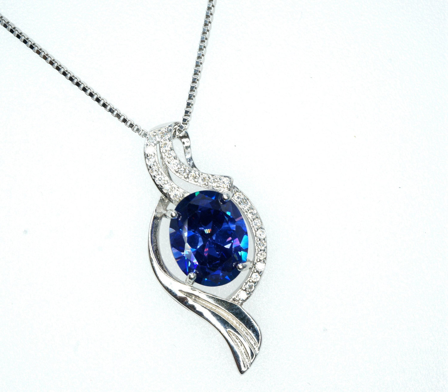 Large Diamond Wave Tanzanite Necklace White Gold coated Sterling Silver 2.8 CT Lab Created Blue Tanzanite Pendant - December Birthstone #666