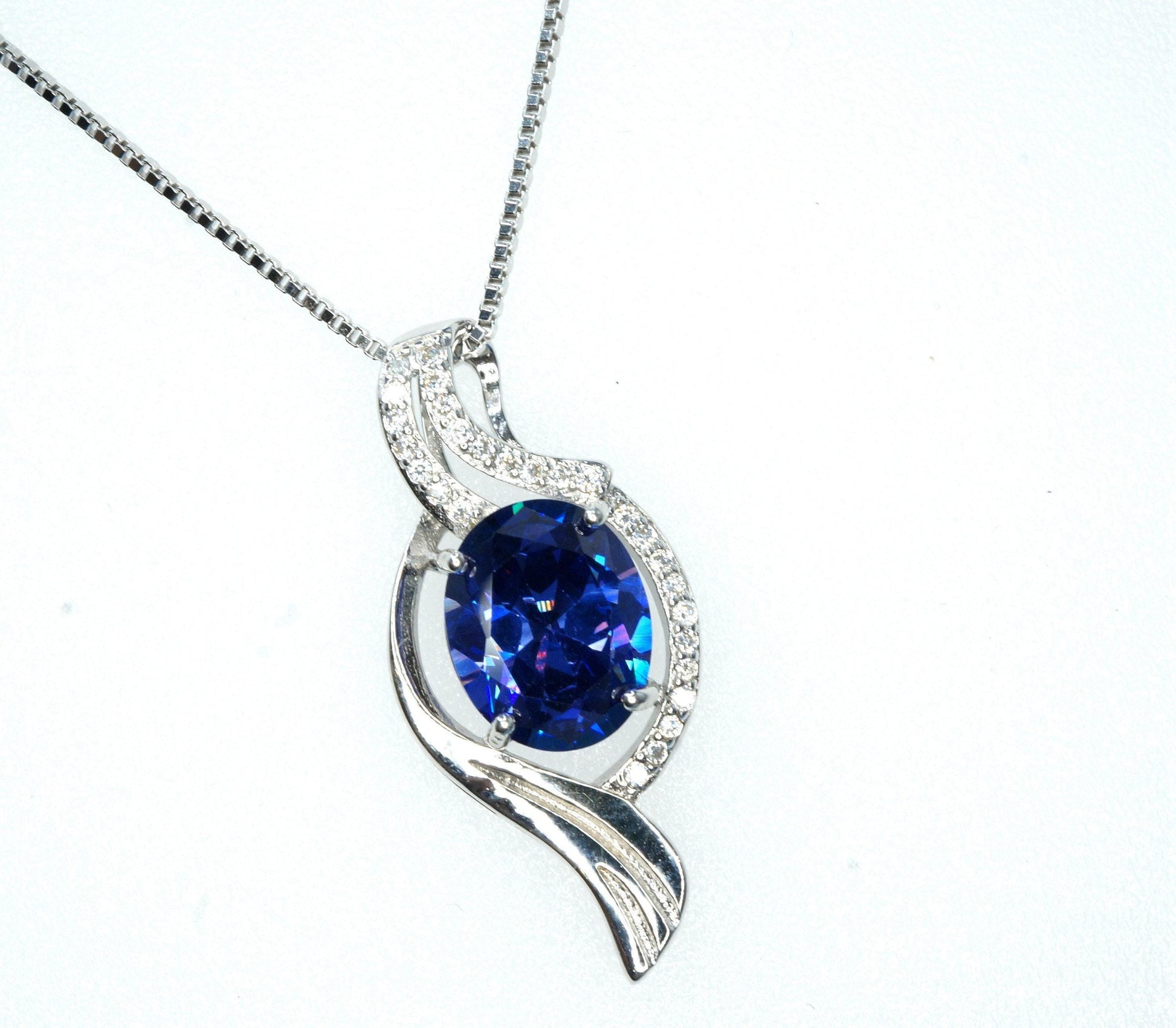 Large Diamond Wave Tanzanite Necklace White Gold coated Sterling Silver 2.8 CT Lab Created Blue Tanzanite Pendant - December Birthstone #666
