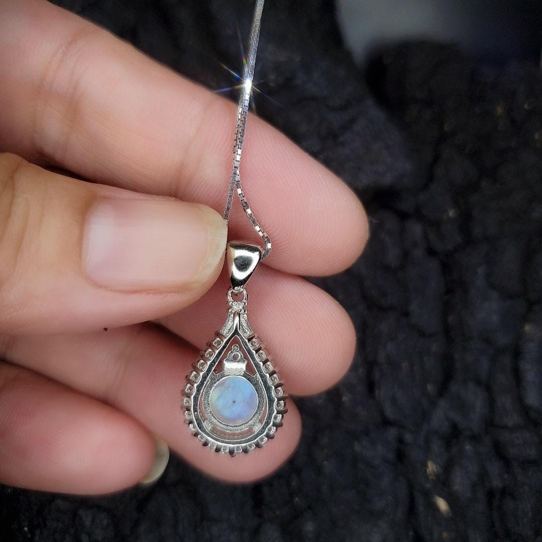 Genuine Flash Moonstone Necklace - Sterling Silver Teardrop Cubic Zirconia Pendant - Round Moonstone Jewelry 1083
