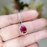 Gemstone Halo Ruby Necklace 2 CT Oval Solitaire Red Ruby Pendant Sterling Silver White Gold plated July Birthstone #164