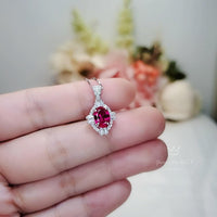 Sterling Silver Red Ruby Necklace, High Quality Ruby Halo Solitaire July Birthstone Red Gemstone Pendant White Gold plated #134