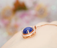 Lapis Lazuli Necklace - Rose Gold coated Sterling Silver Round Halo Gemstone Genuine Natural Blue Lapis Lazuli Pendant Jewelry #274