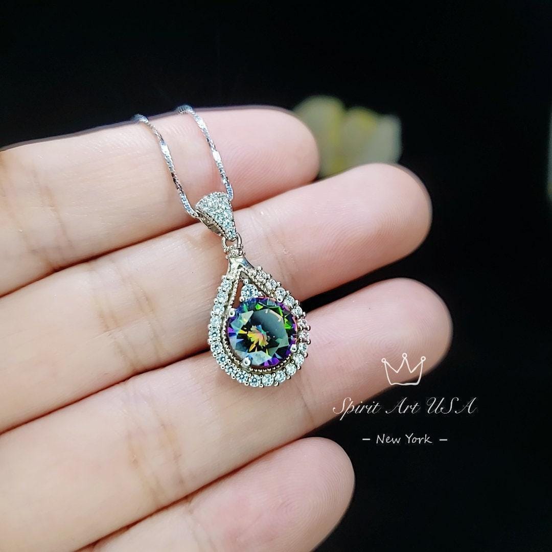 Mystic Rainbow Topaz Necklace - Sterling Silver Round 8mm Mystic Topaz Pendant - 18KGP - Teardrop Gemstone Halo Style #282
