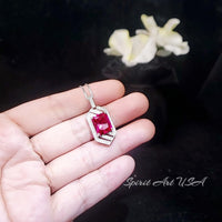Large Geometric Ruby Necklace - Full Sterling Silver Gemstone Spacecraft Style - 4.5 Ct Rectangle Cut Ruby Jewelry #757