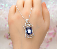 Royal Flower Tanzanite Necklace - Large Rectangle Tanzanite Jewelry - December Birthstone - Bridal Wedding Lab Tanzanite Pendant #888
