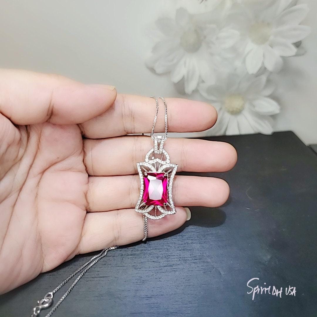 Large Ruby Necklace - Rectangle 10 CT Gemstone Red Ruby Pendant - 18KGP @ Sterling Silver - July Birthstone - Royal Flower Ruby Jewelry