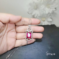 Large Ruby Necklace - Rectangle 10 CT Gemstone Red Ruby Pendant - 18KGP @ Sterling Silver - July Birthstone - Royal Flower Ruby Jewelry
